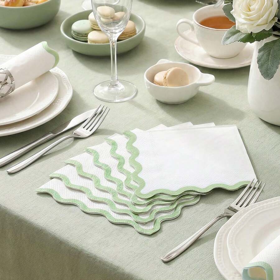 20/40/60 chiếc, Khăn ăn/khăn cocktail viền lượn sóng màu xanh lá cây, Khăn ăn 2 lớp màu trắng cổ điển với viền lượn sóng màu xanh lá cây nhạt, Khăn ăn dùng một lần cho món tráng miệng và đồ uống, Khăn giấy dễ thương phù hợp cho Ngày của Mẹ, Tiệc mừng em bé, Tiệc cưới, Tiệc tiết lộ giới tính, Sinh nhật và các dịp khác. - màu xanh lá - Xem 1