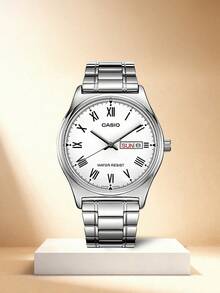 Casio 男士优雅仿石英正装腕表，白色表盘，黑色罗马数字时标，银色不锈钢表链，红色太阳日期显示窗，经典简约商务礼品 - 銀色 - 查看 2