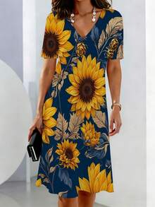 Sunflower Print V Neck Short Sleeve Midi Dress Women Summer Beach Floral Dress Casual Elegant Fit And Flare Dress For Women - 彩色 - 查看 3