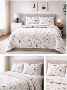 Queen Size Bedspread Set, 3 Pieces, Essencialle Cotton, 160 Thread Count, Various Colors, Blue Butterflies - BRANCHES - View 2