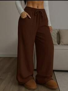 Women's Wide-Leg Pants, High Waist, Polyester, Drawstring, Suitable For Holidays, Evenings, School, Vacations, Home, Daily Wear, Office, All Year Round. - Rỉ Nâu - Xem 7