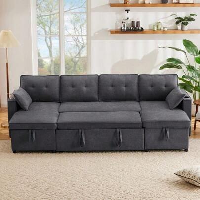 Furniture With Sofas, U-Forms Sofa, Polstersofa, Baumwoll-Und Leinenstoffe, Mit Getränkehalter, Stauräume, Geeignet Für Familien, Wohnzimmer Usv. Video Verfügbar