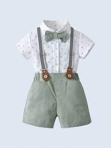 2pcs Baby Boys Gentleman Outfit Set: Short Sleeve Collared Shirt With Bow Tie And Overalls Shorts, Fashionable For Birthday Party, Wedding, Summer - Green - View 2