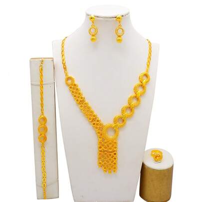  24K Gold Plated Jewelry Set For Women – African Dubai Style Necklace, Earrings, Bracelet & Ring Bridal Wedding Party Jewelry