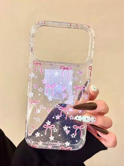 Y2Kキュートガールスタイル透明グリッターゴールドリボンiPhone 17 Pro Max/16/15 Pro/14 Pro Max対応フルカバー保護スマホケース（女性向け）