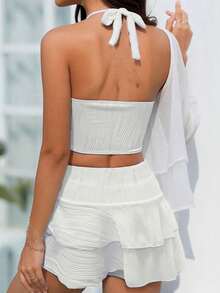 Conjunto de bikini para mujer, sujetador con tirantes anudados y braguita con falda de capas, traje de baño de 3 piezas. - Blanco - Ver 2