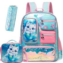 3pcs/Set Mermaid Pattern Girls Backpack Set, Including Lunch Bag And Pencil Case, For Elementary School Students - Baby Blue - View 1