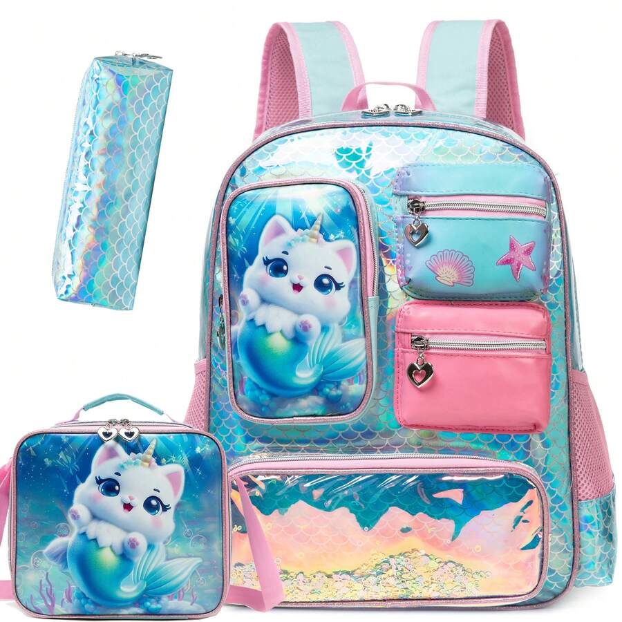 3pcs/Set Mermaid Pattern Girls Backpack Set, Including Lunch Bag And Pencil Case, For Elementary School Students - Baby Blue - View 1