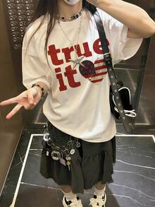 Casual Japanese-Style Women's T-Shirt, Round Neck, Short Sleeves, With Letter And Heart Print, Black, For Summer. - White - View 4