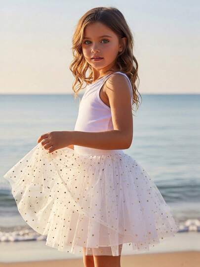 Quần short nhiều lớp bằng vải tuyn đính sequin có chun ở eo dành cho bé gái, kiểu dáng tối giản, thích hợp cho khiêu vũ và thể thao.