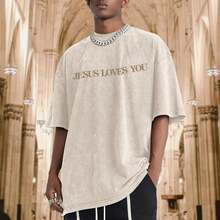 [100% Cotton]  Christian Jesus Loves You Shirts For Men Religious Oversized  Jesus Faith Acid Wash T Shirt God Top- Unisex Women's & Men's Campus Daily Wear - 杏色 - 查看 2