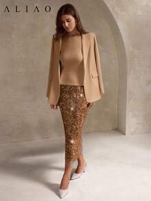 Chân váy xẻ tà đính sequin jacquard cao cấp Aliao Xuân/Hè, phong cách cổ điển thanh lịch, thích hợp mặc hàng ngày, ngày Valentine và đám cưới. - Màu Khaki - Xem 3