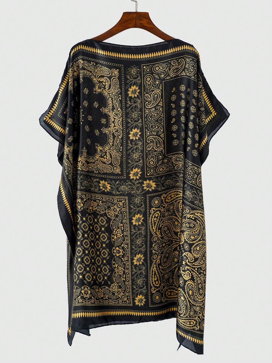 1pc Women's Retro Elegant Paisley Pattern Faux Silk Pullover Short Robe, Suitable For Spring/Summer Daily, Beach, Leisure, Vacation, Sun Protection,Holiday - Multicolor - View 1