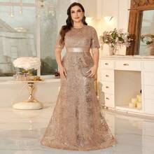 XUIBOL Elegantes luxuriöses Abendkleid in Große Größen mit elastischem Taillenband, Rundhalsausschnitt, Kurzarm und Pailletten, formelles Partykleid für Mütter, Hochzeitsgastkleid - Champagnerfarben - Übersicht 9