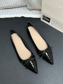 Women's Bow-Knot Pointed Toe Shoes, Soft Bottom Hidden Wedge Loafers, French Style Breathable Bow Slip-On Shoes, New Versatile Soft Leather Low Vamp Flat Shoes For Office Work - Black - View 2
