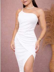 Long Draped Bodycon Dress With Single Straps And Slit - White - View 6