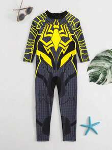 Traje de baño de una pieza con protección UV para niños pequeños, con estampado de araña abstracta de dibujos animados y manga larga - Amarillo - Ver 1