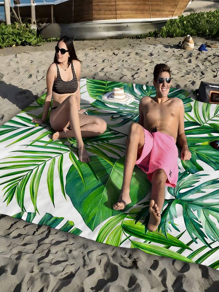 1 pieza Estera de picnic para exteriores con estampado de hojas de plantas tropicales - Manta para exteriores para todas las estaciones, adecuada para playa, camping, senderismo, viajes, ciclismo, manta de playa, artículos esenciales para camping, accesorios de playa, artículo esencial para picnic al aire libre - A - Ver 1