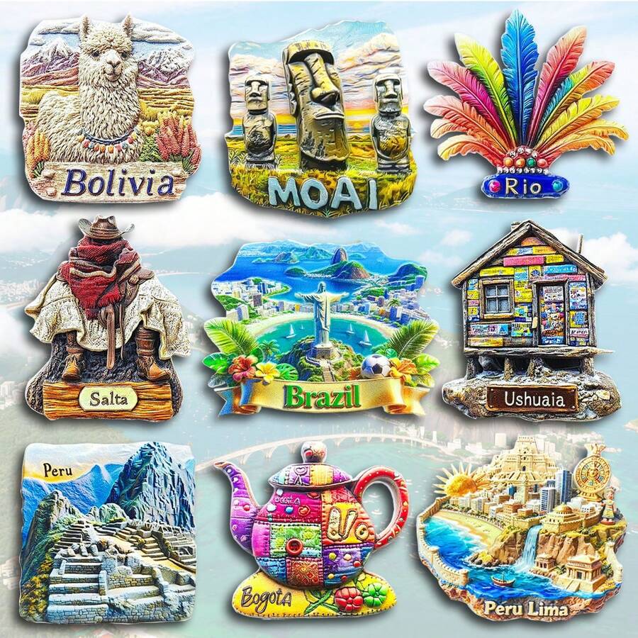 1 pièce Aimant de réfrigérateur en résine 3D, souvenir de voyage en Amérique du Sud - Brésil, Argentine, Bolivie, Pérou, Lima, Rio de Janeiro, Colombie, Bogota, Chili, Machu Picchu, Ushuaia, MOAI, Uruguay, Chutes d'Iguazu, autocollant magnétique de collection, décoration murale, œuvre d'art pour armoire de cuisine/chambre, petit cadeau créatif et significatif pour un voyage en Amérique du Sud - multicolore - Voir 1