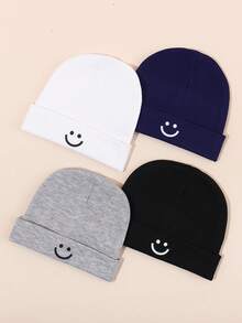 4pcs/Set Soft Cotton Knit Baby Smiling Face Print Warm Hats, Suitable For Newborns Daily Wear - Face - View 5