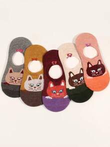 5/10 Đôi tất thuyền vô hình hình mèo hoạt hình dễ thương dành cho nữ, tất miệng nông đa năng với các chấm silicon chống trượt - Nhiều màu - Xem 2