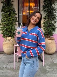 Áo Polo nữ ACKCER kẻ sọc đa năng dành cho mùa xuân/hè - xanh và đỏ - Xem 3