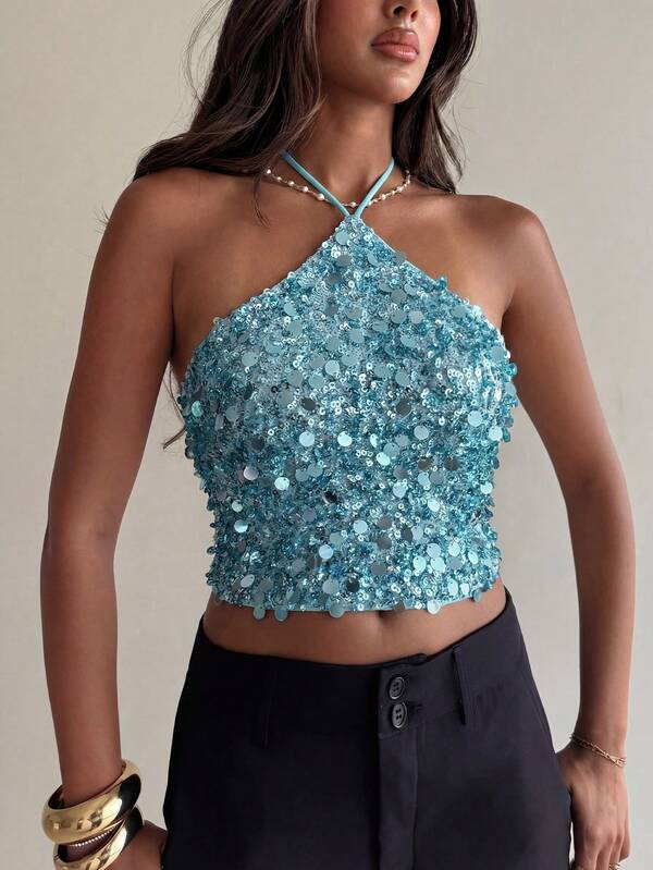 Elegant Chic Blue Halter Neck Backless Lace Up Shiny Sequin Crop Top - Ideal For Carnival Outfit, Festival, Rave Party, Party Top, Clubwear, Night Outing, Summer Outfit, Beach Vacations & Mermaid Costume
