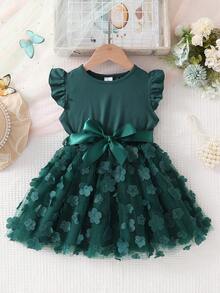 Đầm công chúa màu xanh lá cây đậm cho bé gái, chân váy voan lưới hoa 3D, eo thắt, đầm dự tiệc sinh nhật. - màu xanh lá - Xem 6