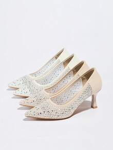 Damen High Heel Pumps, neue nude Farbe mit funkelnden Strass-Mesh, atmungsaktiv, spitzer Zehenbereich, Kittenferse, geeignet für Hochzeitsfeiern, formelle Kleider - Aprikosenfarben - Übersicht 9