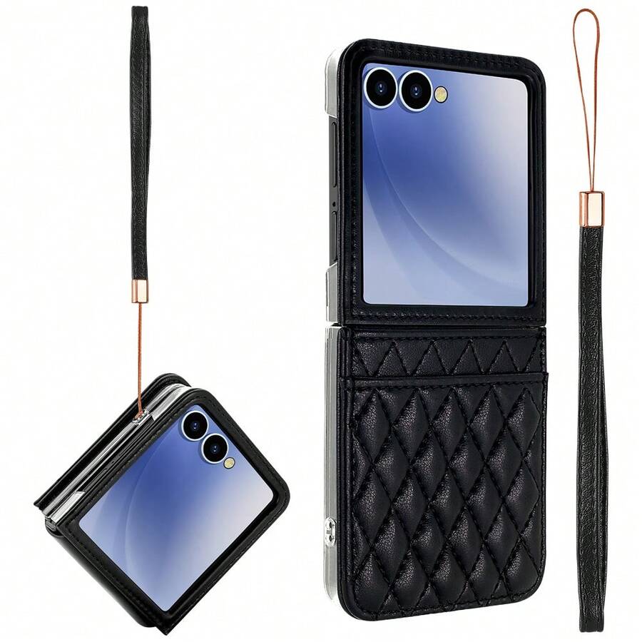 Argyle Pattern Hand Holder Strap Lanyard Card Slot Leather Mobile Phone Case Compatible With Samsung Galaxy Z Flip 4 5 6 7 Cellphone Protective Cover - Black - View 1