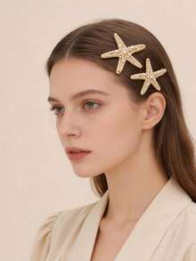 1件海洋系列女士发饰INS星形发夹珍珠海星压力夹 - 金色 - 查看 10