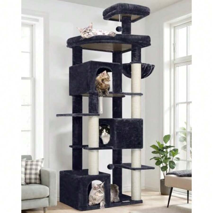 Cat Tree For Indoor Cats 80in Heavy Duty Cat Tower With 6 Full Wrapped Sisal Scratching Posts 3 Spacious Multi-Level Cat Condos Oversized Fan-Shaped Perch Dark Grey - 深灰色 - 查看 1