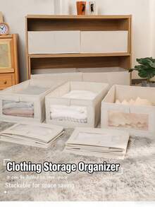 1/2pcs Fabric Transparent Window Linen Storage Box, Closet Organizer - Beige - View 6