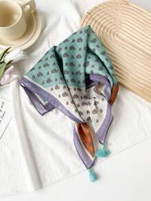 1条棉质马元素印花58厘米小方巾，时尚流苏发带，优雅 - 彩色 - 查看 12