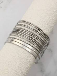 Set de 14 pulseras tipo brazalete con círculos minimalistas en capas, estilo INS, para mujeres - Plateado - Ver 6