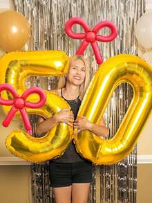 2pcs 40-Inch Gold Foil Number Balloons & 22-Inch Candy Red Hollow Bow Balloons, Suitable For Birthday Party, Anniversary, Bow Theme Decoration - Golden Numbers Set - View 3