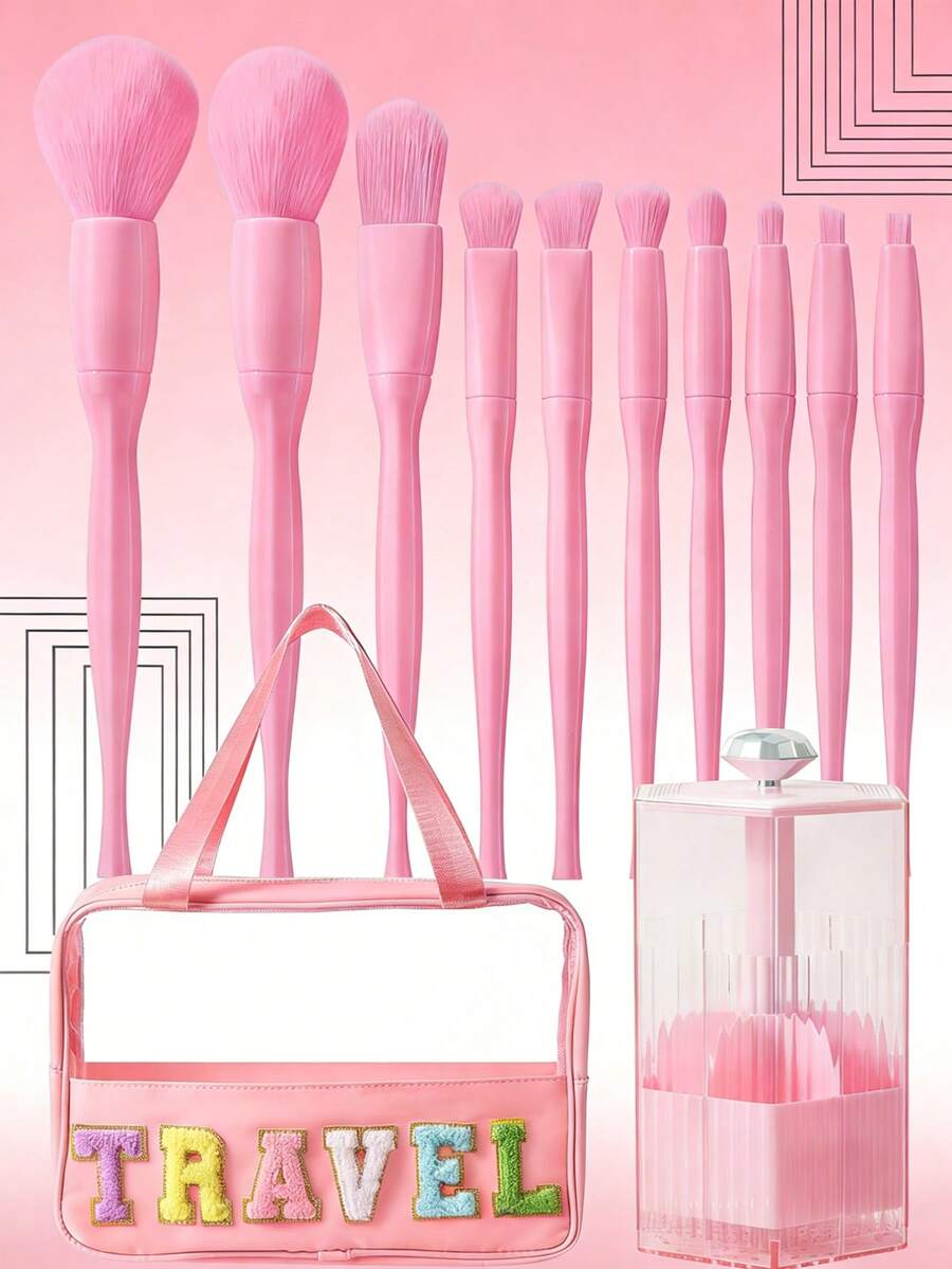 12件套化妆工具套装包含：10套化妆刷+1个多功能防水拉链化妆包+1个收纳盒 - 粉色 - 查看 1