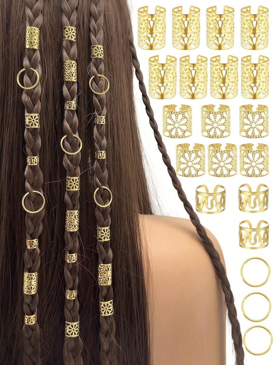 32 pièces Anneaux de cheveux multiformes floraux - Bracelets de cheveux en alliage réglables divers, bijoux de style bohème de jardin pour les dreadlocks et tresses des femmes, été, vacances, voyage - Doré - Voir 1