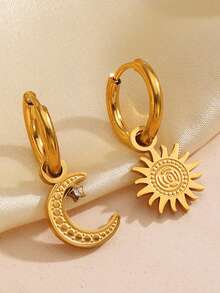 1 Đôi bông tai hình mặt trời và mặt trăng bằng thép không gỉ, bông tai đính đá hình mặt trăng và mặt trời đơn giản, bất đối xứng, bông tai cao cấp bằng thép titan dành cho nữ. - Vàng - Xem 1