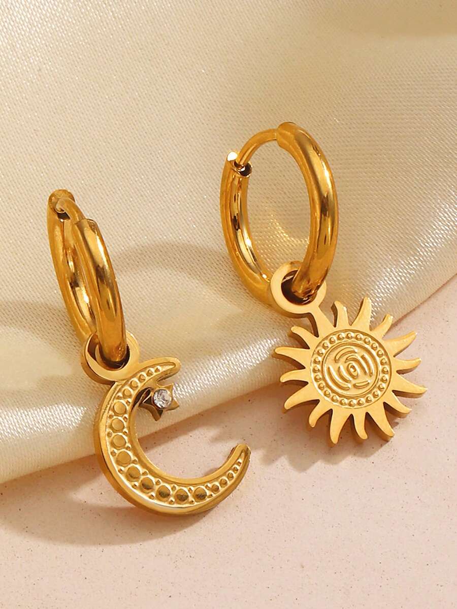 1 Đôi bông tai hình mặt trời và mặt trăng bằng thép không gỉ, bông tai đính đá hình mặt trăng và mặt trời đơn giản, bất đối xứng, bông tai cao cấp bằng thép titan dành cho nữ. - Vàng - Xem 1