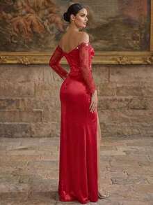 Smilprince 女士正式晚礼服，露肩长袖，褶皱开衩下摆，派对风格 - 紅色 - 查看 2