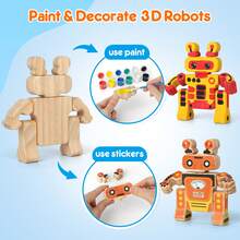 4 Wooden Robot Toys For Kids Ages 3-5, Building & Painting Your Own Robot Craft Kit With Paints And Stickers, Wood Robot Painting Art Supplies Educational Gift For 6 8 10 12 Years Old - Multicolor - View 3