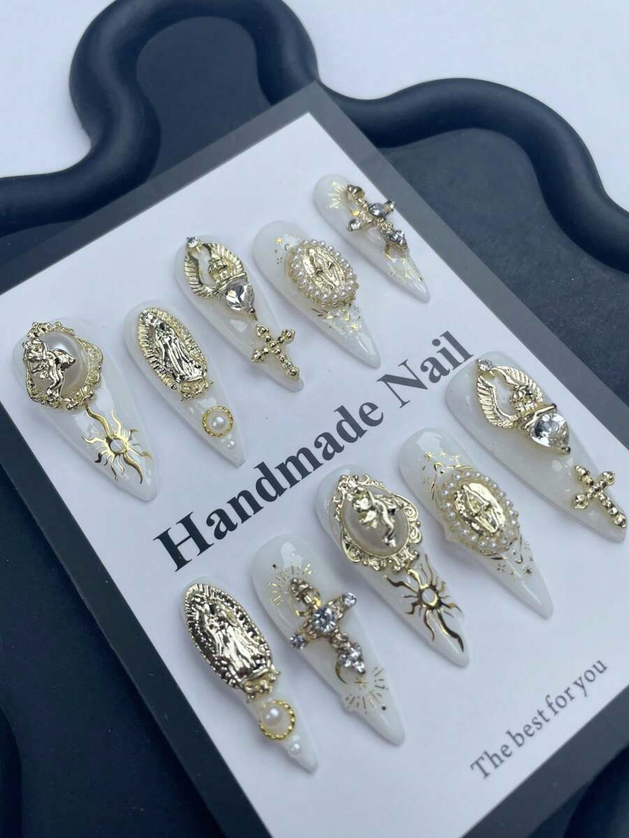 10pcs/Set Summer White Cute Long Stiletto Acrylic Nail Art Stickers Set, With Pearl & 3D Metal Decor, Punk Goth Style, Rhinestone Glitter, Full Cover Handmade Y2K False Nails, Matte Bronze Line Art Nail Kit, Halloween Essentials For Women & Girls Handmade Press On Nails - White - View 1