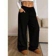 Women's Wide-Leg Pants, High Waist, Polyester, Drawstring, Suitable For Holidays, Evenings, School, Vacations, Home, Daily Wear, Office, All Year Round. - 黑色 - 查看 1