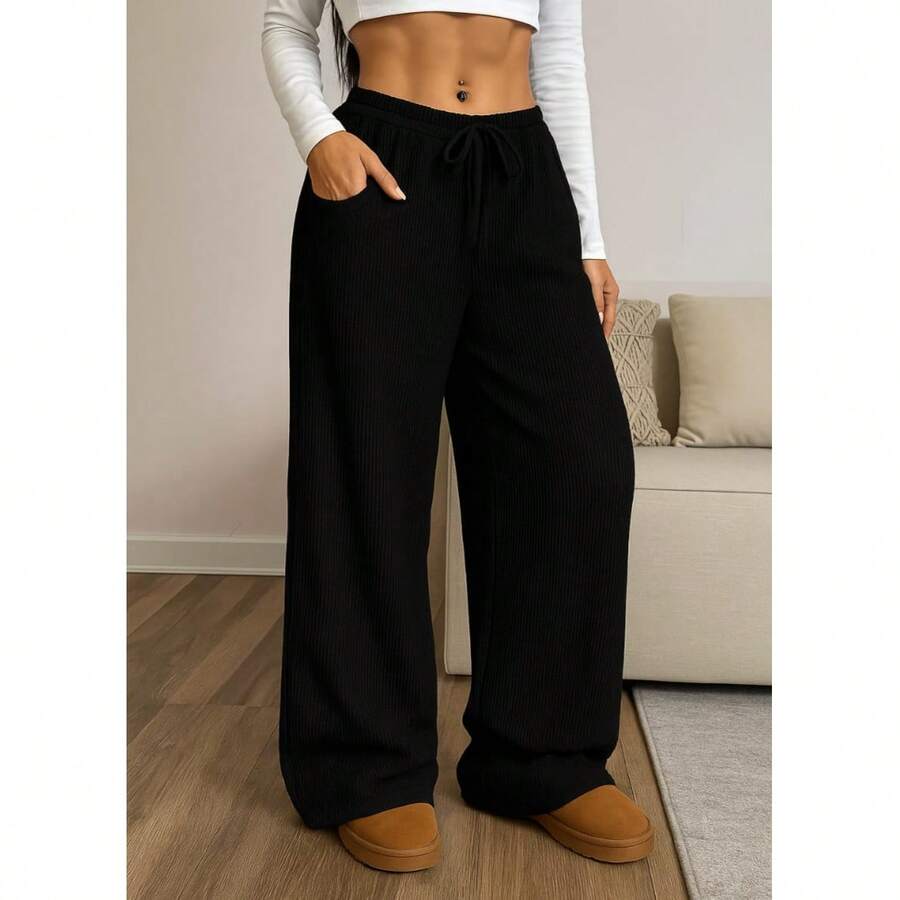 Women's Wide-Leg Pants, High Waist, Polyester, Drawstring, Suitable For Holidays, Evenings, School, Vacations, Home, Daily Wear, Office, All Year Round. - 黑色 - 查看 1