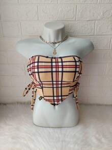 Cropped Feminino Top Faixa e Amarração Com Bojo Suplex Tomara que Caia Blogueirinha Tamanho Único - Veste do 36 ao 42 - Bege Xadrez - Visão 3