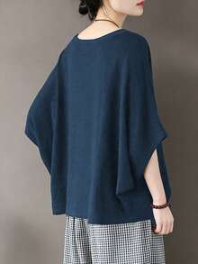 Solid Color Loose Linen Asymmetric Hem T-Shirt, Loose 3/4 Sleeve Round Neck Top, Relaxed Fit Slimming Design, Loose Batwing Sleeve Unique Top, Suitable For Commute And Casual Wear Summer - Royal Blue - View 2