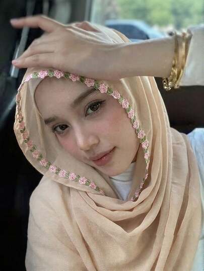 1pc New Women's Chiffon Embroidered Headscarf Shawl, Muslim Style Long Scarf Hijabs