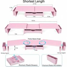 Dual Monitor Stand Riser, Desk Organizer With Drawer And 2 Pen Holders, Desk Organizers And Accessories, Pink Office Supplies (Pink) - Pink - 查看 4