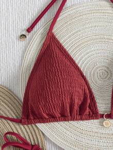 Premium European Halter Bikini With Striped Wavy Split Design, Stylish Color-Block Swimwear Summer - Big Red - View 6